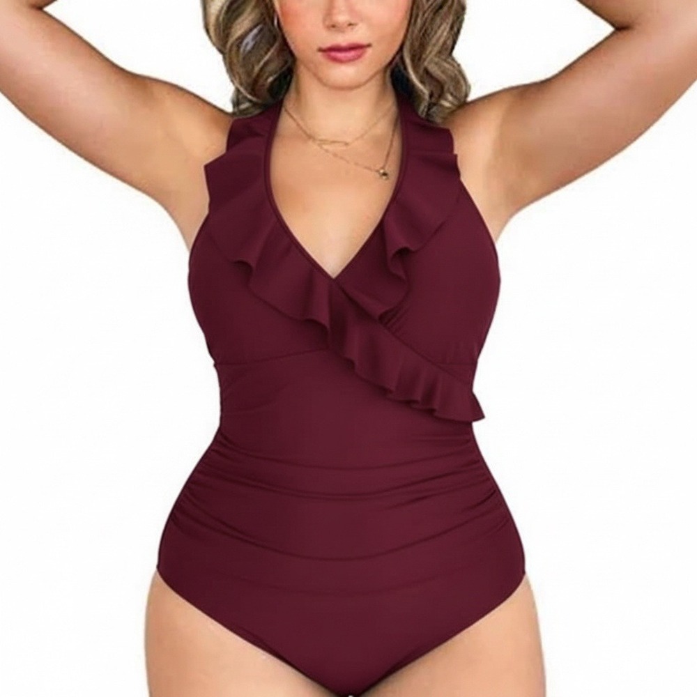 NWT Cupshe Burgundy Ruffle Halter One Piece Swimsuit Size L‎  Minimalist Pool